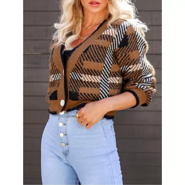 imageCUPSHE Womens 2023 Fall Winter Long Sleeves Open Front Button Knitted Sweater Cardigan Crop Coat OutwearBrown