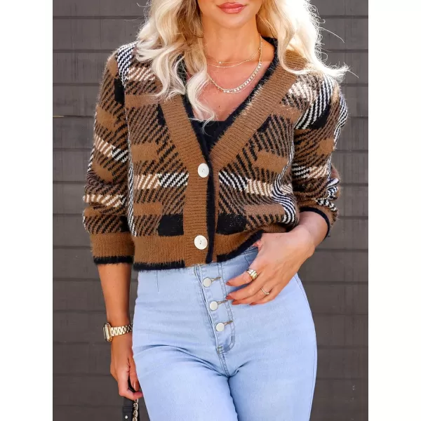 imageCUPSHE Womens 2023 Fall Winter Long Sleeves Open Front Button Knitted Sweater Cardigan Crop Coat OutwearBrown