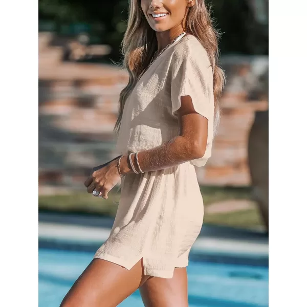 imageCUPSHE Womens 2024 Cover Up V Neck Bathing Suit Self Tie Waist Short Sleeves Casual Swimwear Beach DressApricot