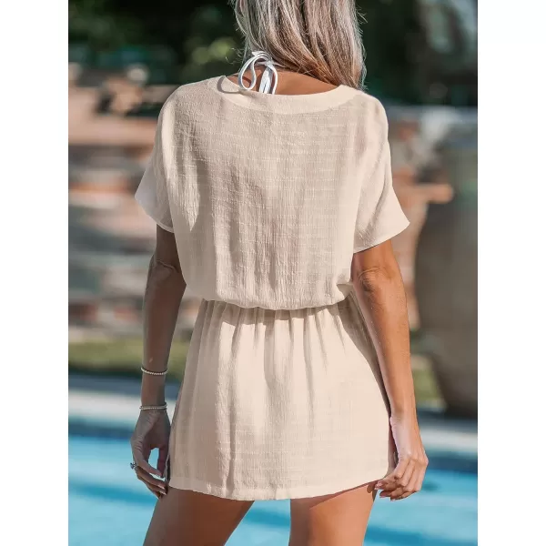 imageCUPSHE Womens 2024 Cover Up V Neck Bathing Suit Self Tie Waist Short Sleeves Casual Swimwear Beach DressApricot