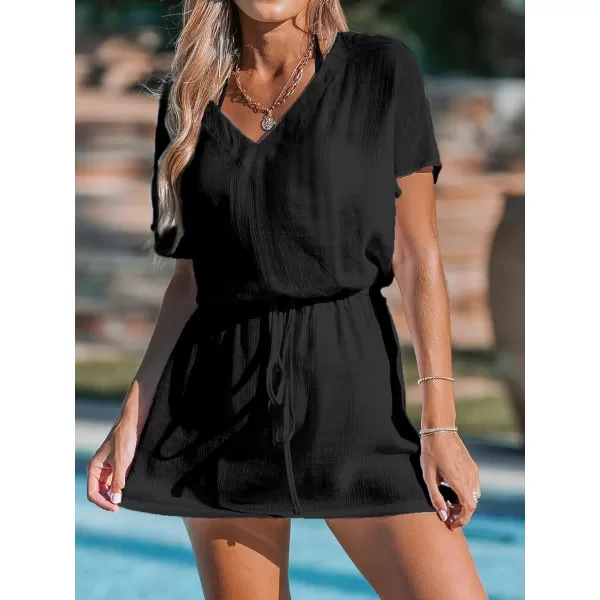 imageCUPSHE Womens 2024 Cover Up V Neck Bathing Suit Self Tie Waist Short Sleeves Casual Swimwear Beach DressBlack