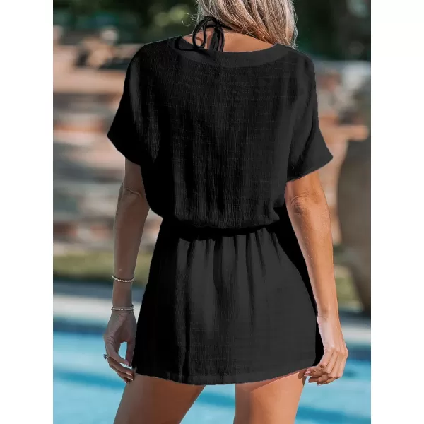 imageCUPSHE Womens 2024 Cover Up V Neck Bathing Suit Self Tie Waist Short Sleeves Casual Swimwear Beach DressBlack