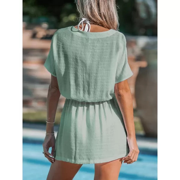 imageCUPSHE Womens 2024 Cover Up V Neck Bathing Suit Self Tie Waist Short Sleeves Casual Swimwear Beach DressLight Green