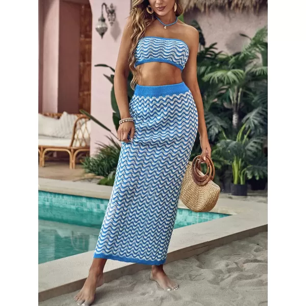imageCUPSHE Womens 2024 Summer Cover Up Swimwear Crochet Tube Top And Long Maxi Skirt Set Knit Two Pieces BeachwearBlue Wave
