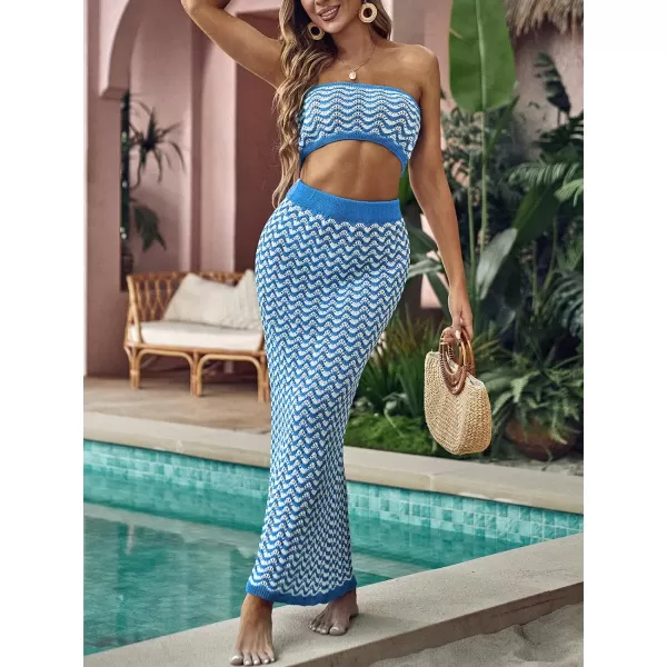 imageCUPSHE Womens 2024 Summer Cover Up Swimwear Crochet Tube Top And Long Maxi Skirt Set Knit Two Pieces BeachwearBlue Wave