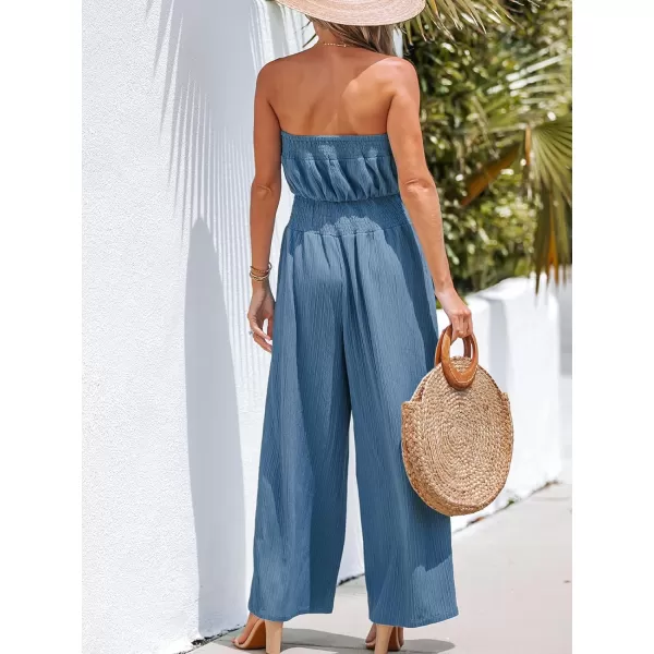 imageCUPSHE Womens 2024 Summer Smocked Tube Jumpsuit Sleeveless Wide Leg One Piece Rompers Outfit with PocketsBlue