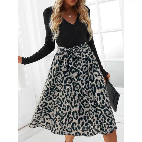 imageCUPSHE Womens ALine Midi Dress Leopard Print Belted Long Sleeve Dress for WomenApricot Leopard
