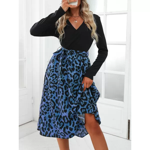 imageCUPSHE Womens ALine Midi Dress Leopard Print Belted Long Sleeve Dress for WomenBlue Leopard