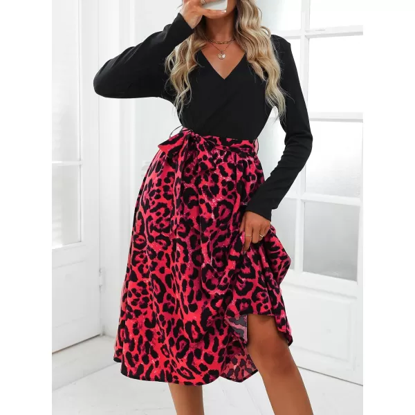 imageCUPSHE Womens ALine Midi Dress Leopard Print Belted Long Sleeve Dress for WomenRed Leopard