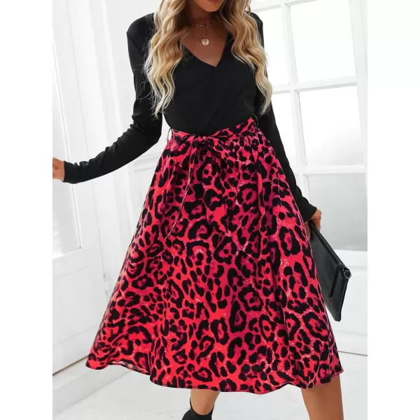 imageCUPSHE Womens ALine Midi Dress Leopard Print Belted Long Sleeve Dress for WomenRed Leopard