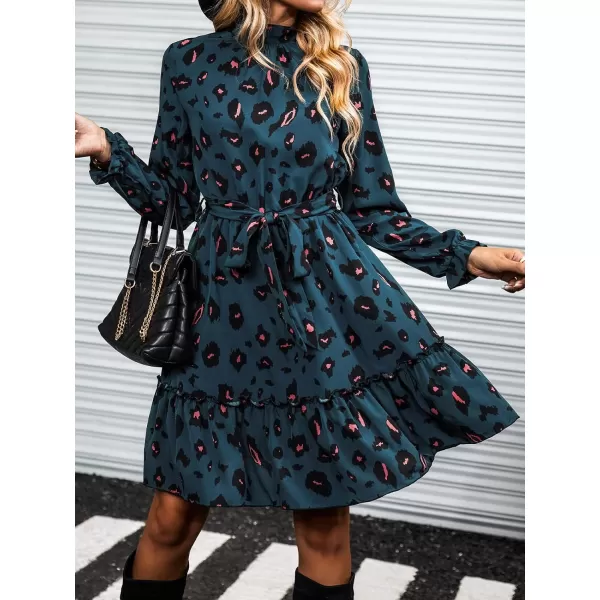 imageCUPSHE Womens ALine Mini Dress Flowy Swing Leopard Print Long Sleeve High Neck Ruffle Fall DressMulticoloured