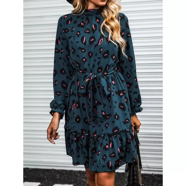 imageCUPSHE Womens ALine Mini Dress Flowy Swing Leopard Print Long Sleeve High Neck Ruffle Fall DressMulticoloured