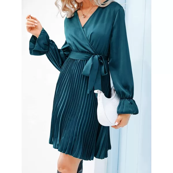 imageCUPSHE Womens ALine Surplice Neck Short Length Dresses Satin Belt Mini Dress with Long SleevesBlue