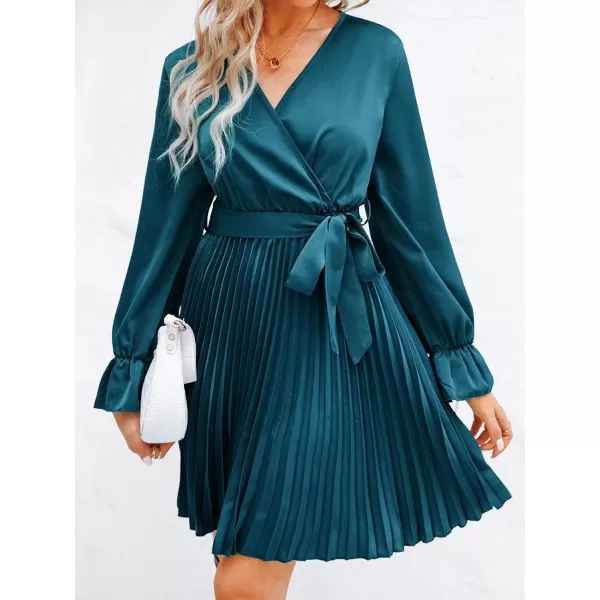 imageCUPSHE Womens ALine Surplice Neck Short Length Dresses Satin Belt Mini Dress with Long SleevesBlue