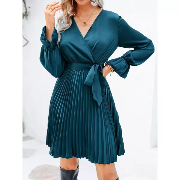 imageCUPSHE Womens ALine Surplice Neck Short Length Dresses Satin Belt Mini Dress with Long SleevesBlue