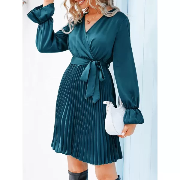 imageCUPSHE Womens ALine Surplice Neck Short Length Dresses Satin Belt Mini Dress with Long SleevesBlue