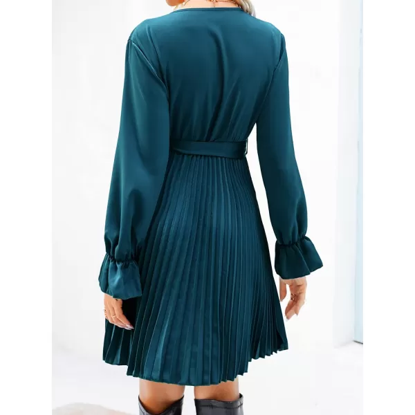 imageCUPSHE Womens ALine Surplice Neck Short Length Dresses Satin Belt Mini Dress with Long SleevesBlue