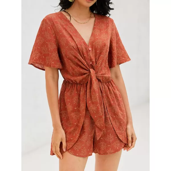 imageCUPSHE Womens Abstract Leaf Print Tie Romper VNeck Romper with Short SleevesCoral Floral