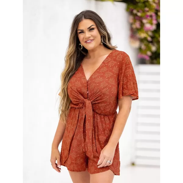 imageCUPSHE Womens Abstract Leaf Print Tie Romper VNeck Romper with Short SleevesCoral Floral