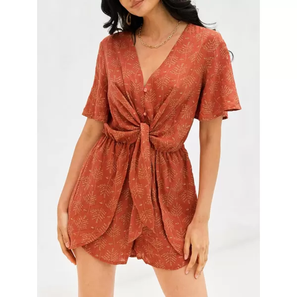 imageCUPSHE Womens Abstract Leaf Print Tie Romper VNeck Romper with Short SleevesCoral Floral
