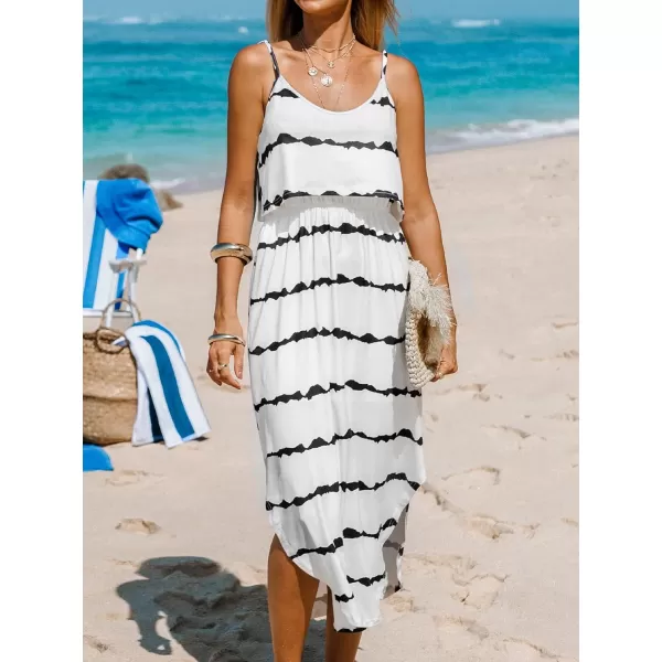 imageCUPSHE Womens Abstract Striped Flounce Maxi Dress Sleeveless Summer Dress with Adjustable Cami StrapsWhite