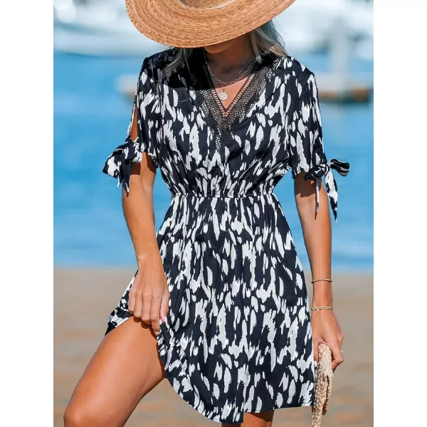 imageCUPSHE Womens Animal Print Dress V Neck Short Sleeve Self Tie Summer Casual A Line Mini DressesBlack