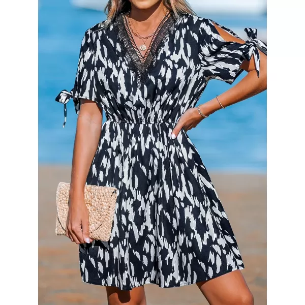 imageCUPSHE Womens Animal Print Dress V Neck Short Sleeve Self Tie Summer Casual A Line Mini DressesBlack
