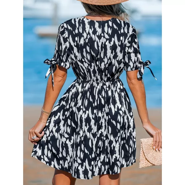 imageCUPSHE Womens Animal Print Dress V Neck Short Sleeve Self Tie Summer Casual A Line Mini DressesBlack
