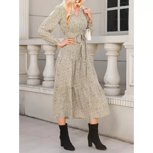 imageCUPSHE Womens Animal Print V Neck Maxi Length Dresses Belt Long Sleeves Dress with Front TieLeopard