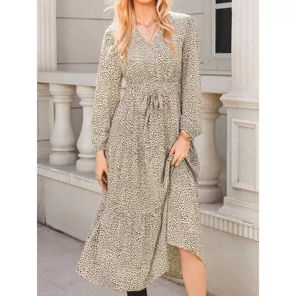 imageCUPSHE Womens Animal Print V Neck Maxi Length Dresses Belt Long Sleeves Dress with Front TieLeopard