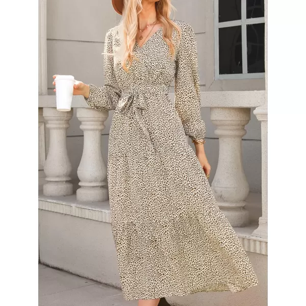imageCUPSHE Womens Animal Print V Neck Maxi Length Dresses Belt Long Sleeves Dress with Front TieLeopard