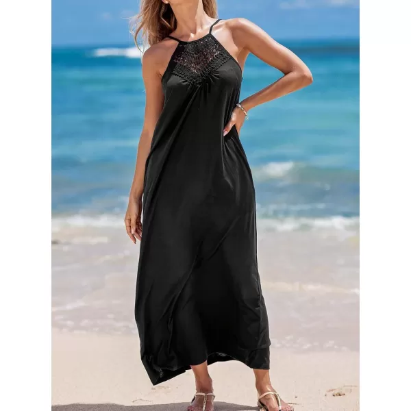 imageCUPSHE Womens Backless Beach Dress Crochet High Neck Sleeveless Maxi Summer Casual DressesBlack