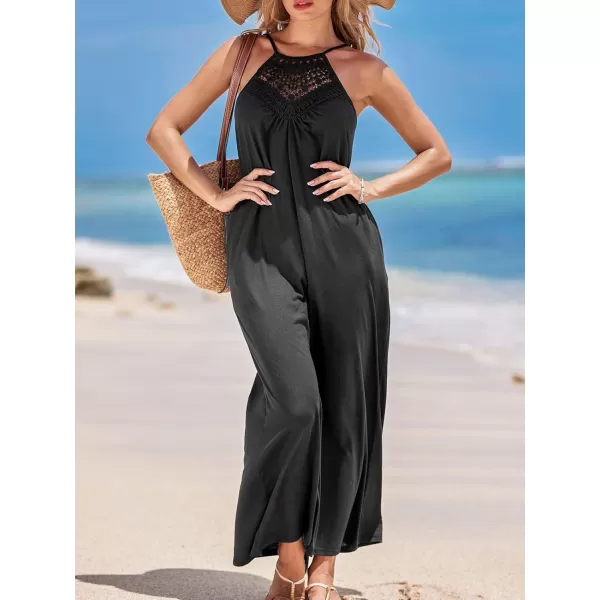 imageCUPSHE Womens Backless Beach Dress Crochet High Neck Sleeveless Maxi Summer Casual DressesBlack