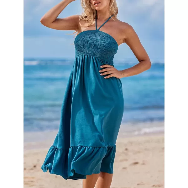 imageCUPSHE Womens Backless Beach Dress Halter Neck Sleeveless Smocked Bodice Ruffle Maxi Summer DressesTeal