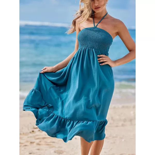 imageCUPSHE Womens Backless Beach Dress Halter Neck Sleeveless Smocked Bodice Ruffle Maxi Summer DressesTeal