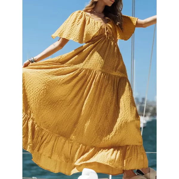 imageCUPSHE Womens Backless Dress Plunge V Neck Flared Sleeve Maxi DressesAmber