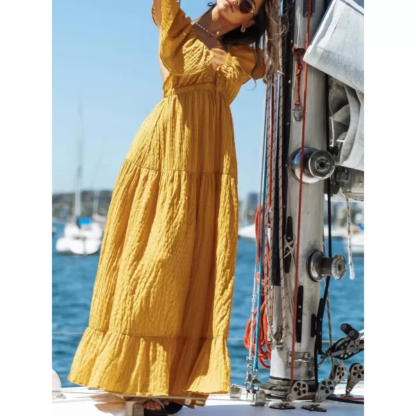 imageCUPSHE Womens Backless Dress Plunge V Neck Flared Sleeve Maxi DressesAmber