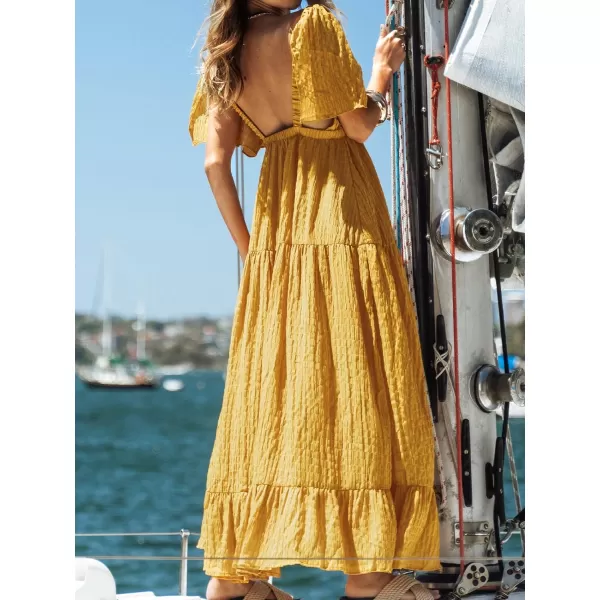 imageCUPSHE Womens Backless Dress Plunge V Neck Flared Sleeve Maxi DressesAmber
