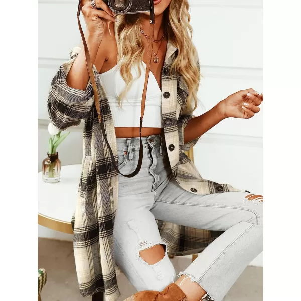 imageCUPSHE Womens Basic Plaid Button Down Jacket Shacket Long Sleeve Casual Coats with PocketsBrown