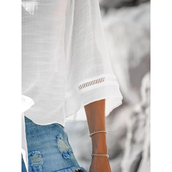 imageCUPSHE Womens Bathing Suit Cover Up Button Front Flared Sleeve Beach Coverup Tops Tie Waist 2024 Beach ShirtWhite