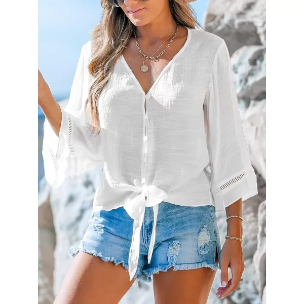 imageCUPSHE Womens Bathing Suit Cover Up Button Front Flared Sleeve Beach Coverup Tops Tie Waist 2024 Beach ShirtWhite
