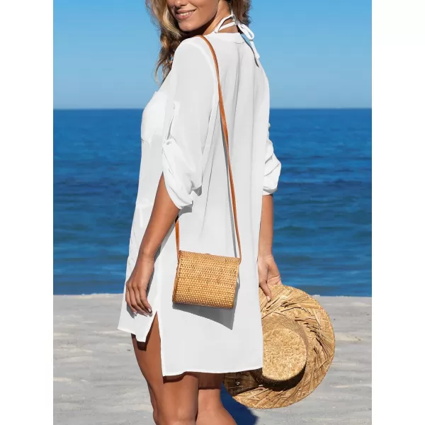 imageCUPSHE Womens Bathing Suit Coverup Shirt Bikini Swimwear Cover Ups Sheer Beach Dress ShirtsWhite