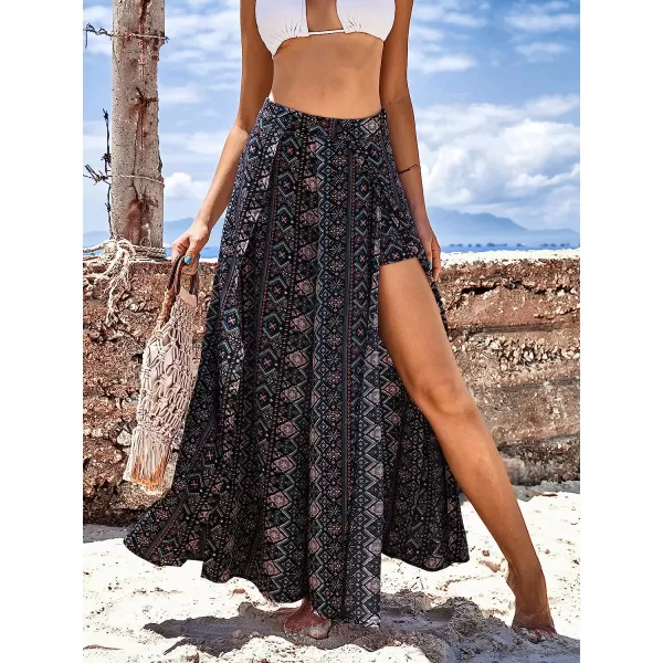 imageCUPSHE Womens Beach Boho Floral Cover Up Pants Black Elastic Waist Split Side Swimsuit Bkini Cover Up MaxiBlack