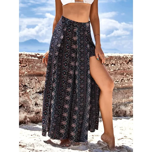 imageCUPSHE Womens Beach Boho Floral Cover Up Pants Black Elastic Waist Split Side Swimsuit Bkini Cover Up MaxiBlack