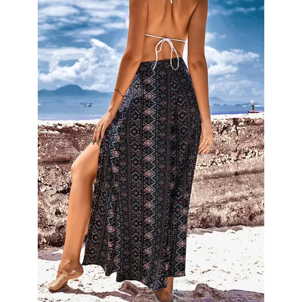 imageCUPSHE Womens Beach Boho Floral Cover Up Pants Black Elastic Waist Split Side Swimsuit Bkini Cover Up MaxiBlack