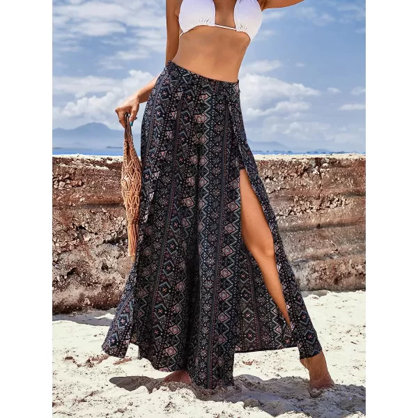 imageCUPSHE Womens Beach Boho Floral Cover Up Pants Black Elastic Waist Split Side Swimsuit Bkini Cover Up MaxiBlack