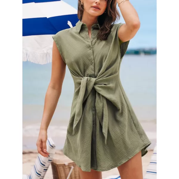 imageCUPSHE Womens Beach Cover Up Button Swimsuit Bathing Suit Cover Up Cap Sleeves Swin Cover Up Dress Tie FrontGrey Green