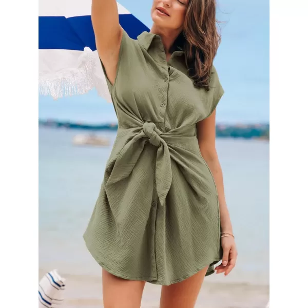 imageCUPSHE Womens Beach Cover Up Button Swimsuit Bathing Suit Cover Up Cap Sleeves Swin Cover Up Dress Tie FrontGrey Green