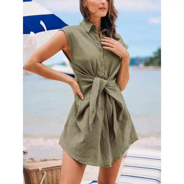 imageCUPSHE Womens Beach Cover Up Button Swimsuit Bathing Suit Cover Up Cap Sleeves Swin Cover Up Dress Tie FrontGrey Green