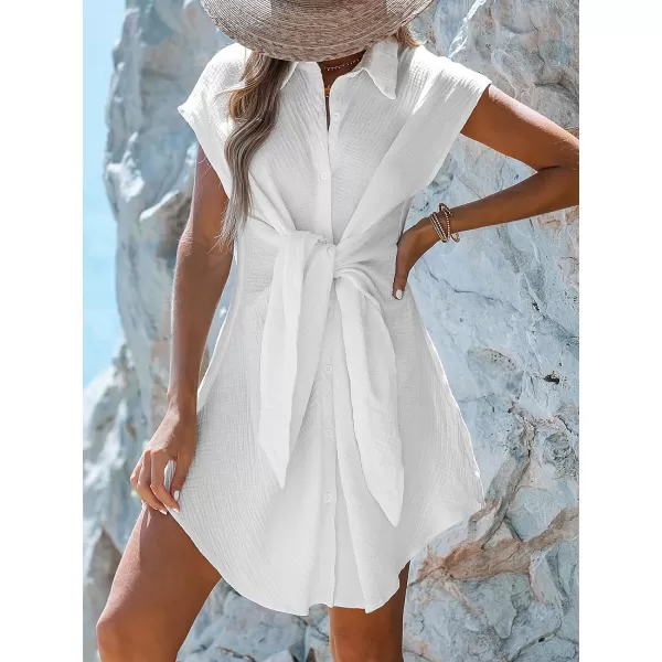 imageCUPSHE Womens Beach Cover Up Button Swimsuit Bathing Suit Cover Up Cap Sleeves Swin Cover Up Dress Tie FrontWhite